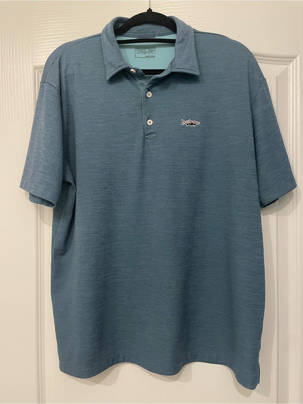 Patagonia Slate Blue Short-Sleeve Polo with Embroidered Fish